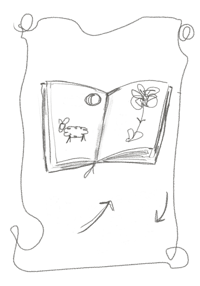 a black and white drawing of an open book